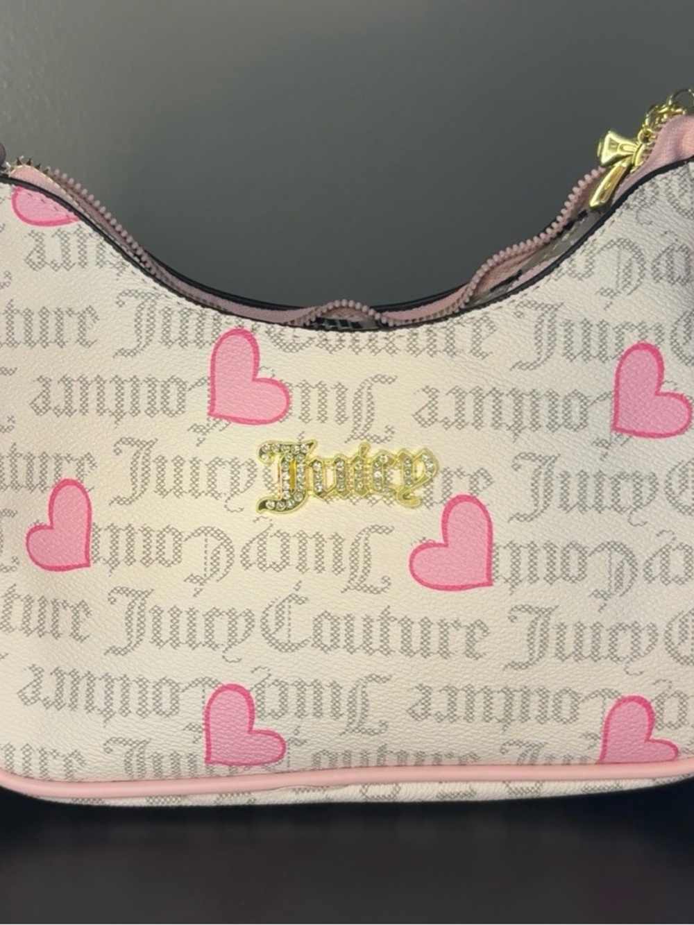 Juicy Couture Cream Monogram Shoulder Bag with Pink Hearts